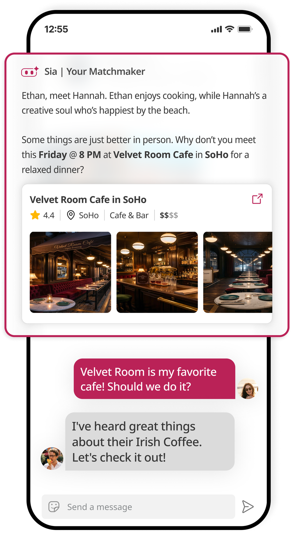 Hunch in-app match introduction from Sia: 'Ethan, meet Hannah' — a Friday 8 PM dinner at Velvet Room Cafe in SoHo with the two daters confirming the plan in chat.