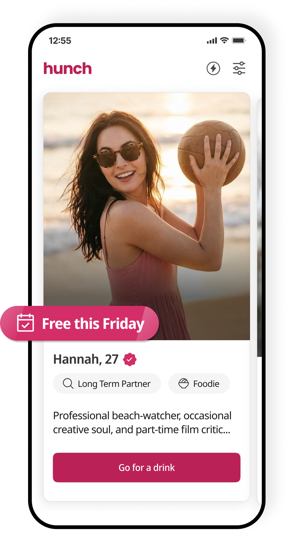 A Hunch profile card for Hannah, 27 — Free this Friday — with a Go for a drink button.