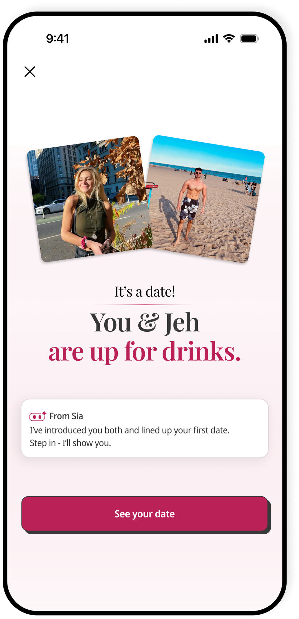 A Hunch match-confirmation screen — 'It's a date! You and Jeh are up for drinks.' Hunch introduces both daters and lines up the first date.